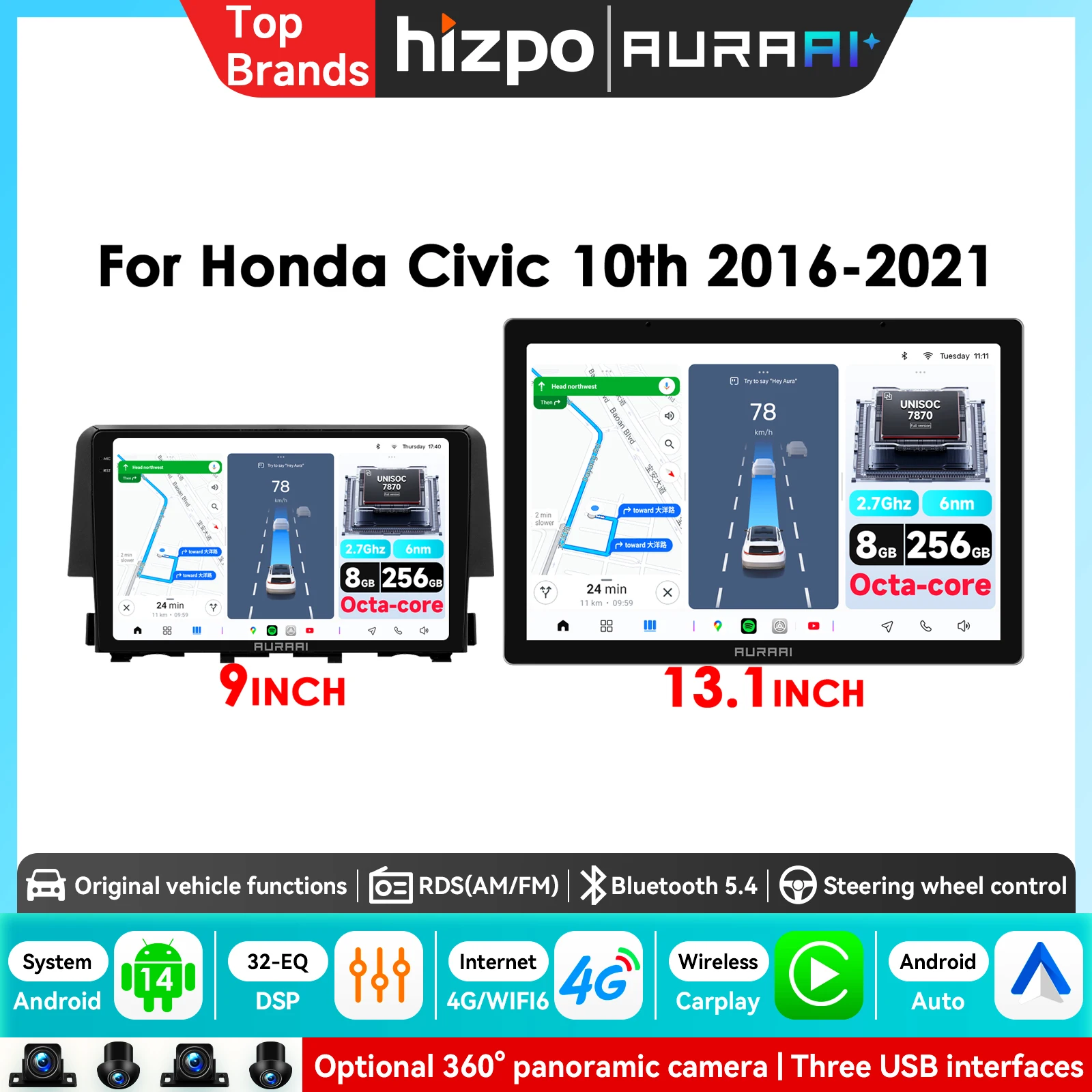 AURAAI 9'' Intelligenter Auto-Bildschirm für Honda Civic 2016-2021 Multimedia-Player 2K QLED-Bildschirm 360-Grad-Kamera ADAS Autoradio GPS Stereo