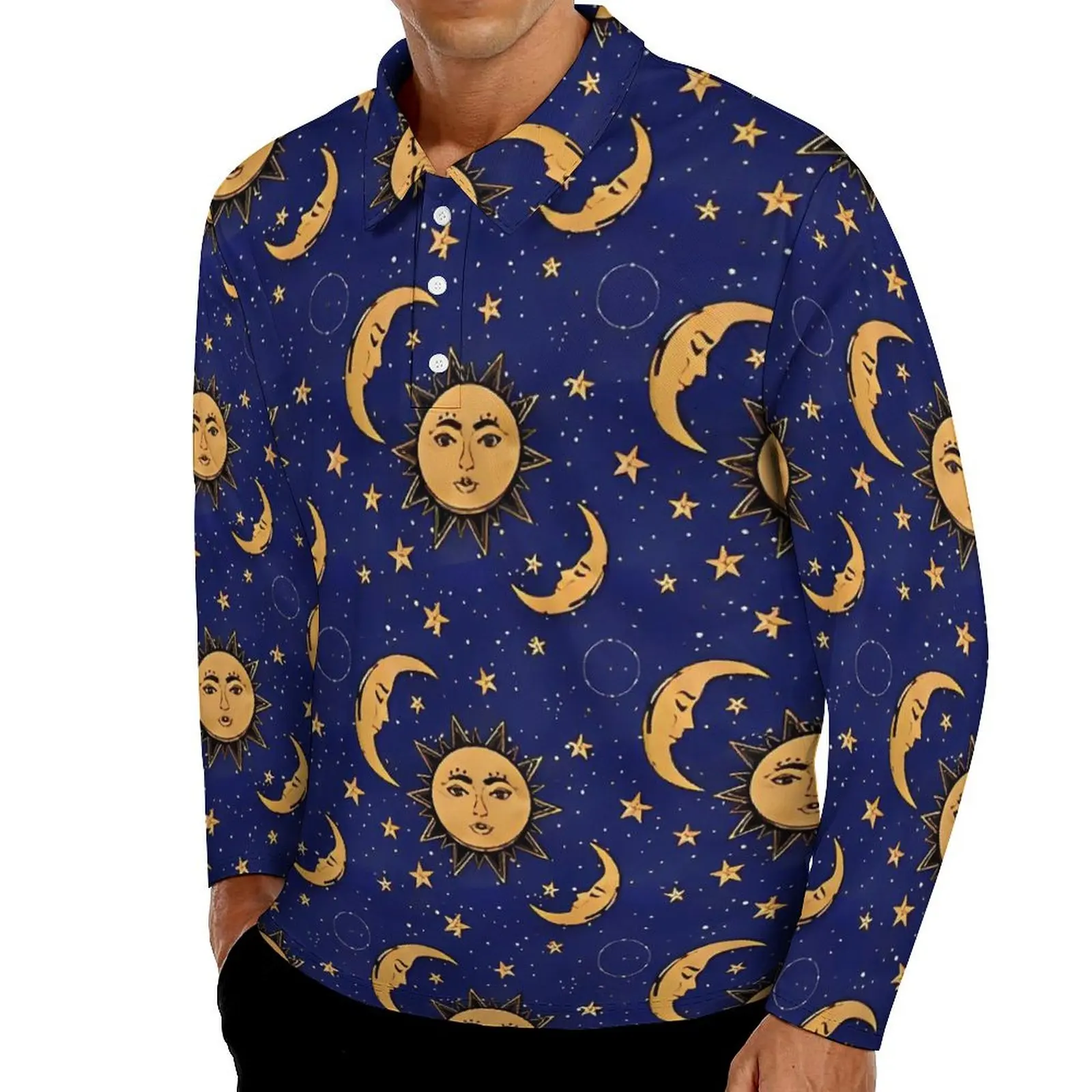 Vintage Moon And Sun Stars Casual Polo Shirt  T-Shirts Long Sleeve Graphic Shirt Spring Fashion Oversized Tops Birthday Gift