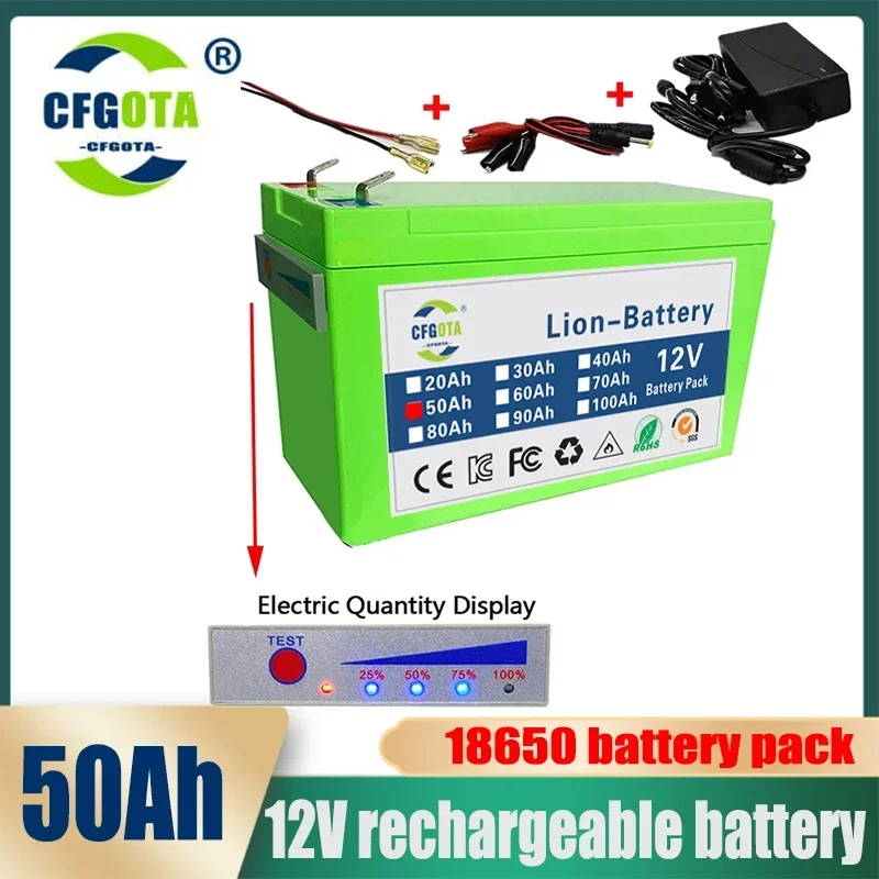 

12V 50Ah 50000mAh 18650 lithium battery for solar energy built-in high current 30A BMS electric vehicle battery+12.6V charger