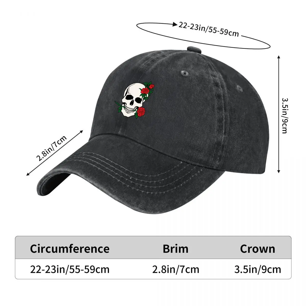 Skull With Red Roses Gothic Floral Tattoo Design Washed Baseball Cap Outdoor Hat
