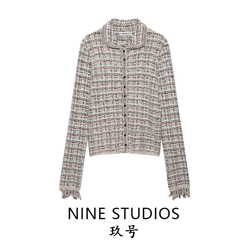 NINE ZAR Women's Slim Fit Knitwear Coat Sleeve Hem Frayed Fragrance Style Casual Winter Outerwear Female Fashion Top