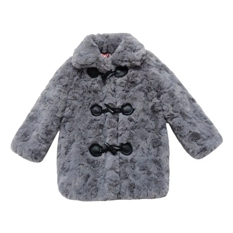 Autumn Winter Children's Horn Buckle Fur Jackets Girls Faux Rabbit Fur Coats Long Style Outerwear Kids Parkas for 12 Years Old