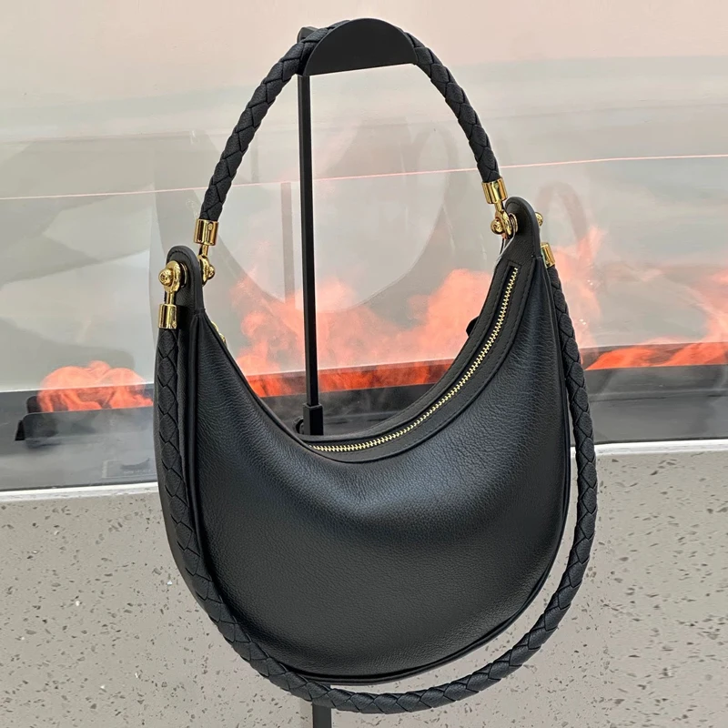 Classic Round Moon Slim Bags For Women Luxury Designer Handbags Purses 2026 New In PU Woven Double Strap Small Underarm Shoulder
