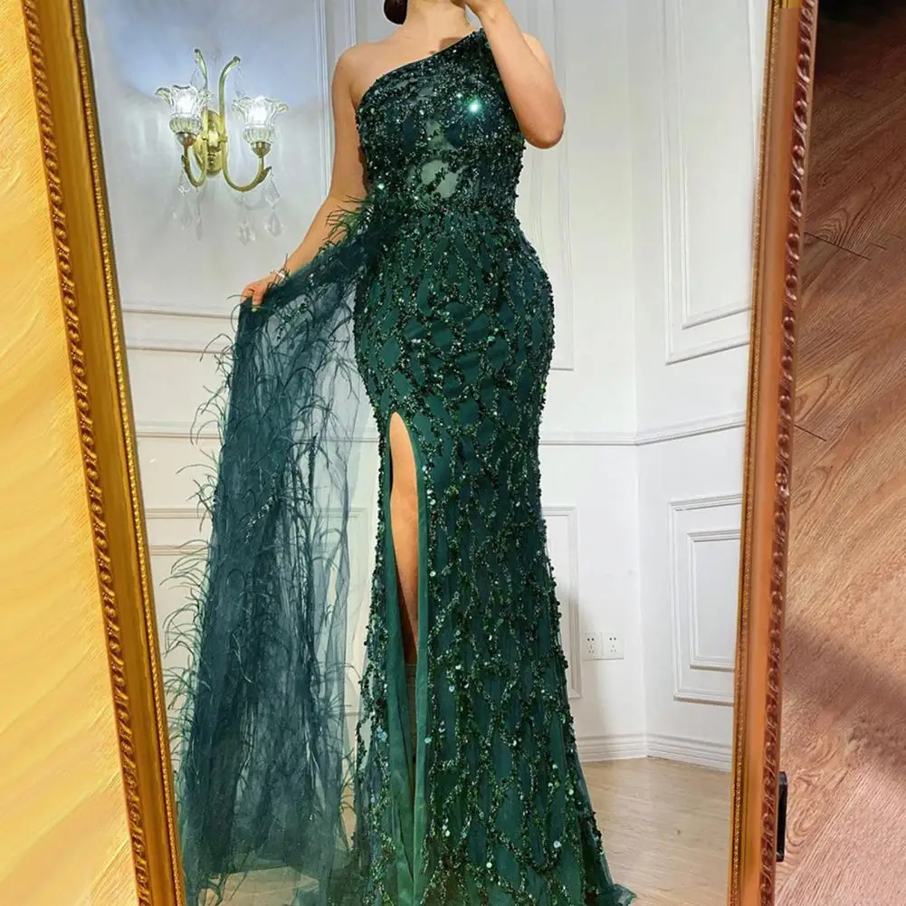 

Sequin Padded Feather Decor Elegant Maxi Dress Women Incline Shoulder Backless High Street Robe Concise Evening Vestido Prom