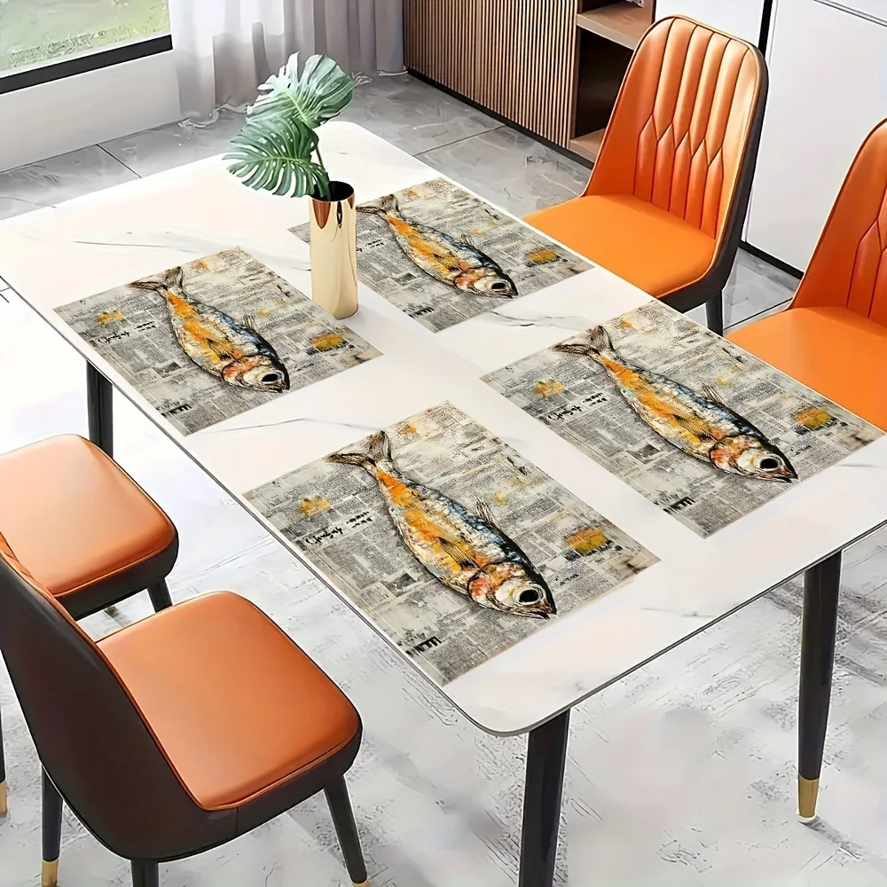 Set of 4 Sardine Painting Art Food Illustration Japanese Newspaper Sardine Art Placemats Stylish Printed Pattern