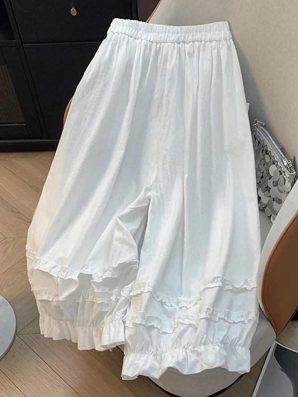 カジュアルワイドレッグパンツ レディース 重装飾フリルランタンパンツ カラーハイウエスト九分丈ルーズフィット 夏新作