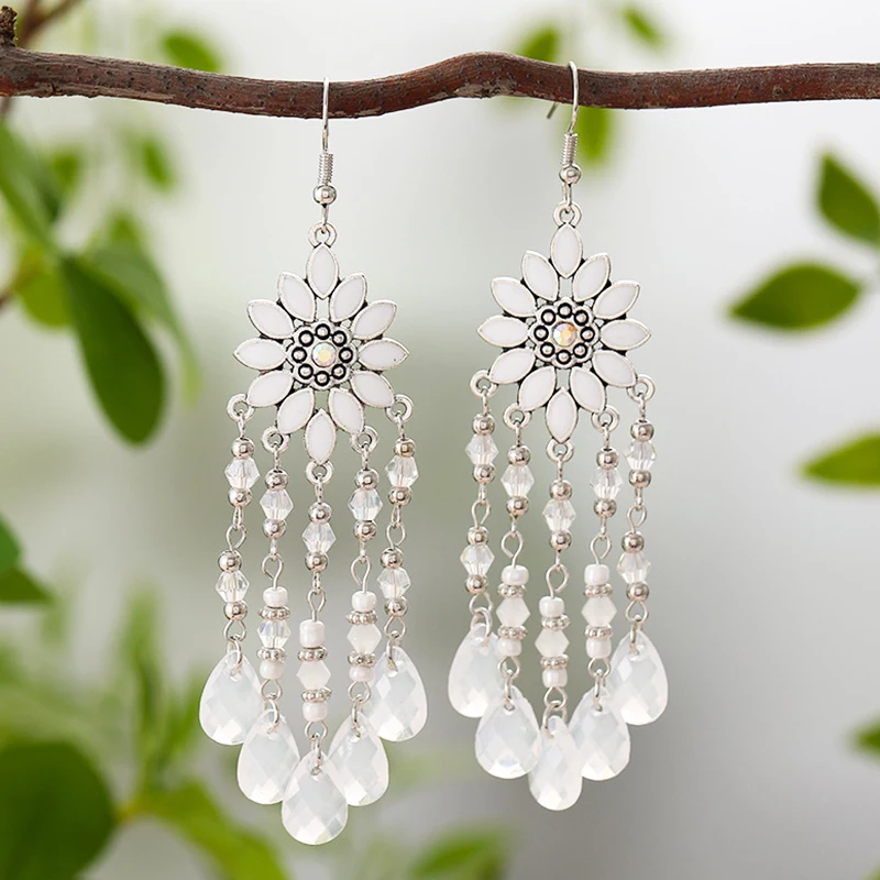 Bohemian Vacation Style Water Drop Tassel Earrings for Women Vintage Long Drop Oil Flower Crystal Bead Dangle Earring Jewelry