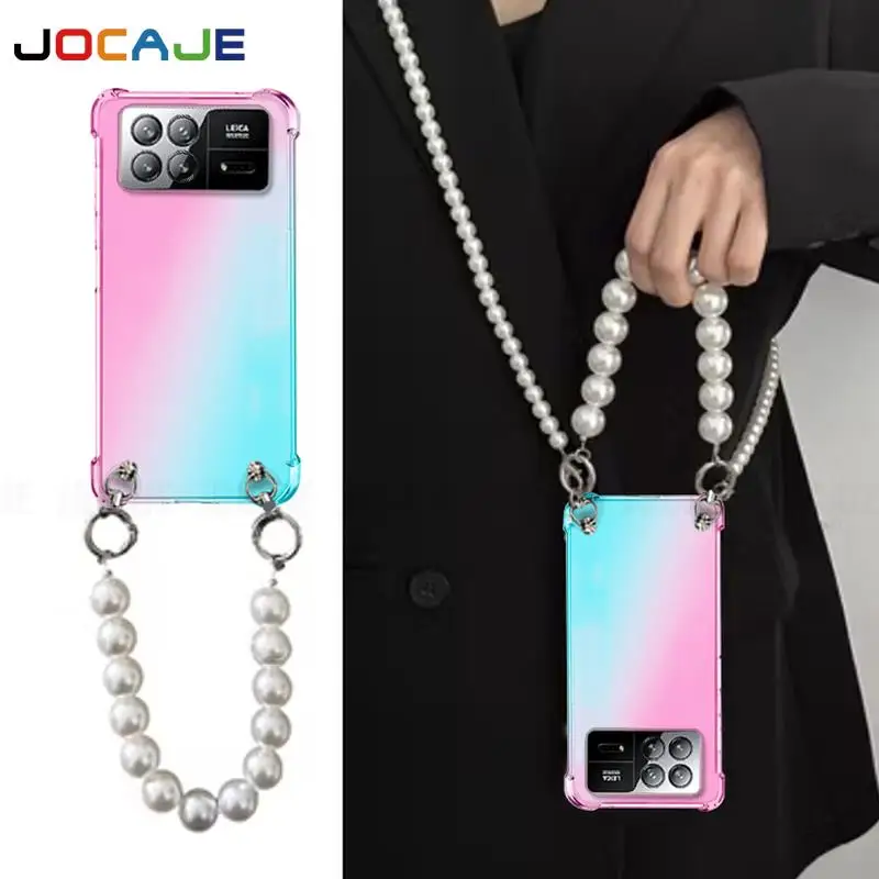 Crossbody Necklace Pearl Lanyard Phone Case For Xiaomi Mi Mix Fold 3 2 Wrist Bracelet Chain Transparent Gradient Silicone Cover