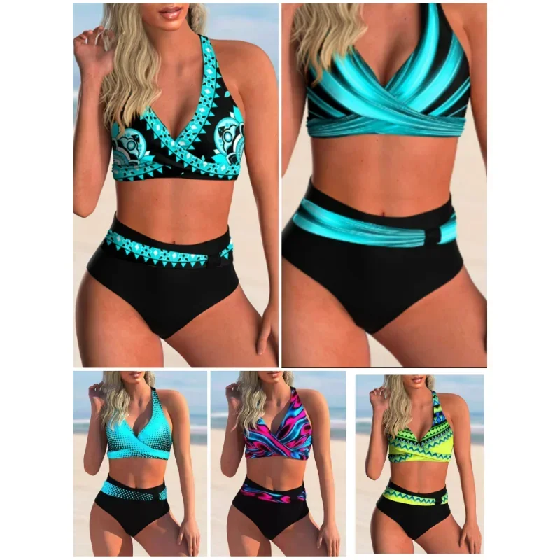 

2024 New Striped Print High Waist Bikini Sets Swimsuit For Women Cross Push Up Swimwear Female Two Pieces Bathing Suit Beachwear