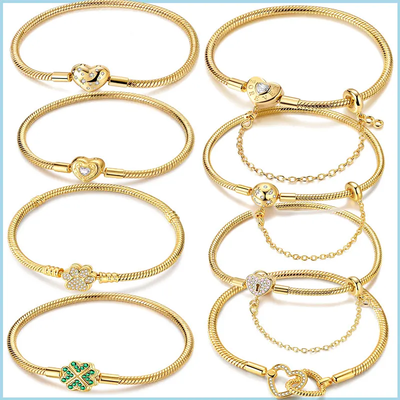 Pulsera de Plata de Ley 925, Serie Dorada, Superventas, Original, Compatible con Dijes, Cuentas y Colgantes, para Joyería DIY, Regalo