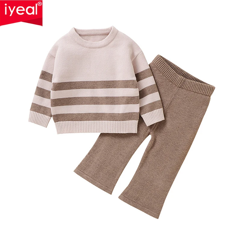 

IYEAL Autumn and Winter New Baby Knitted Sweater Set for Boys and Girls Knitted Cute Stripe Top+Flared Pants 2-piece Set