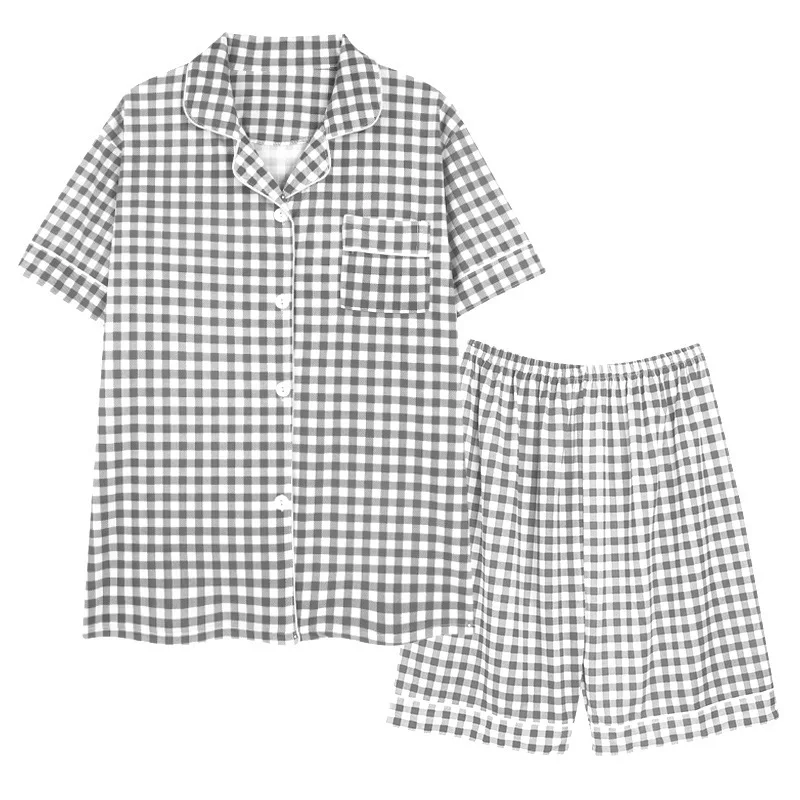 Women's Summer Milk Silk Pajamas Short Sleeve Shorts Ladies Lapel Cardigan Checkered Shirt Home Suit Comfortable Loungewear