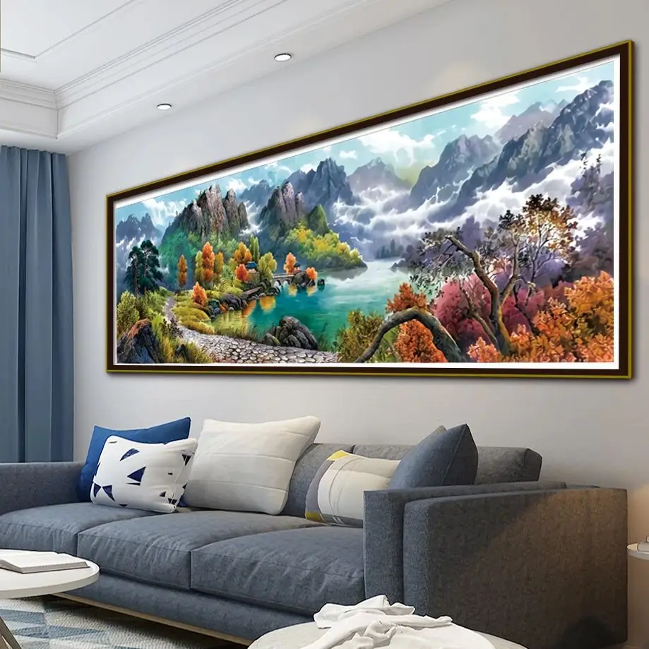 A Chinese-style cross-stitch DIY kit with the meaning of flowing water bringing wealth and a treasure bowl, featuring a landscape painting of mountains, rivers, lakes, and clouds, a large handmade embroidery material package for the living room, study, or entryway