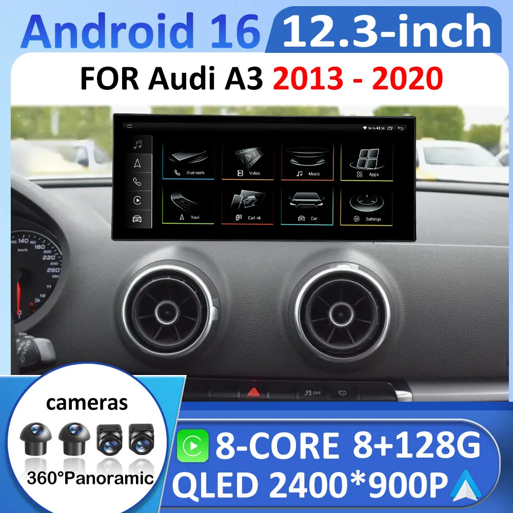 8 Core Android 16 Car Radio Stereo Player For Audi A3 2013 2014 - 2020 Carplay WIFI 4G 8+128GB QLED Touch Screen GPS Navi BT DSP