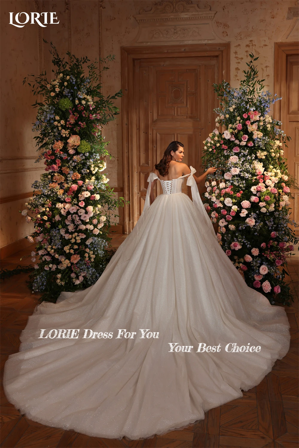 LORIE Elegant Pleats Glitter Wedding Dresses Sparkly Off Shoulder A-Line Bow Short Sleeves Bridal Gowns Princess Bride Dress