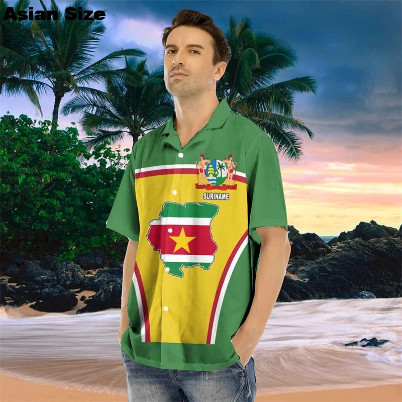 Surinam Flag Map Graphic Shirts For Men Clothes Casual Hawaii Short Sleeve Shirt Suriname National Emblem Lapel Blouse Male Tops
