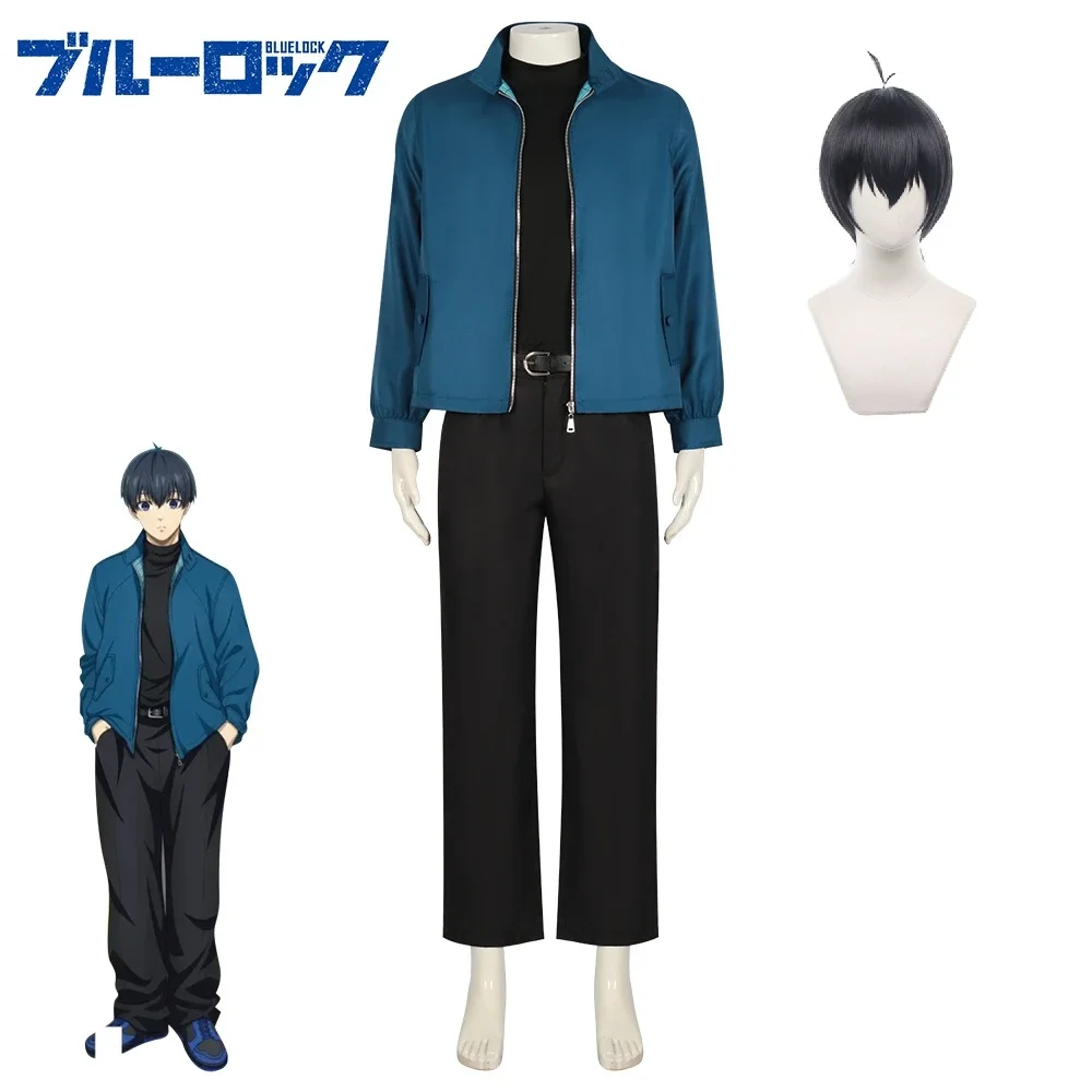 Anime BLUE LOCK Isagi Yoichi Cosplay Costume Halloween Role Play Uniform Relaxation Outfit Top Pants Belt Men Wig Full Suit