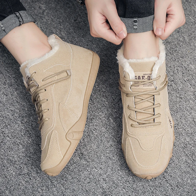 

High-quality Men's Large-sized Flat Mid-top Solid Color Fleece Short Pile Warm and Lace-up Sports Shoes for Autumn Winter Warmth