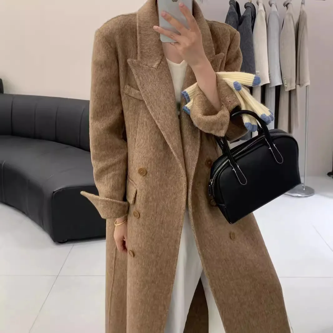 UMI MAO Jesień Zima Nowy Płaszcz Wełniany Za Kolano, Dopasowany, Elegancki, Długi, Wzór Rybiej Ości, Dwustronny, Damska Kurtka