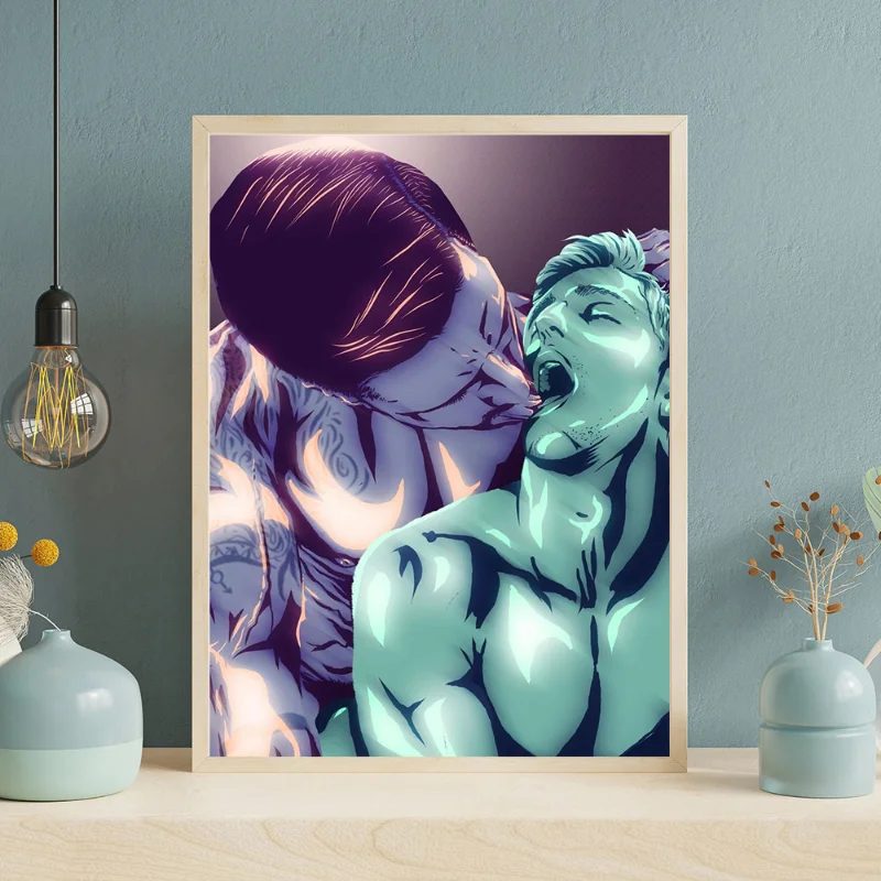 Gay And Queer Love Animation Poster Man Couple Hug Kiss Canvas Painting Prints Wall Art Pictures for Faggotry Room Home Decor