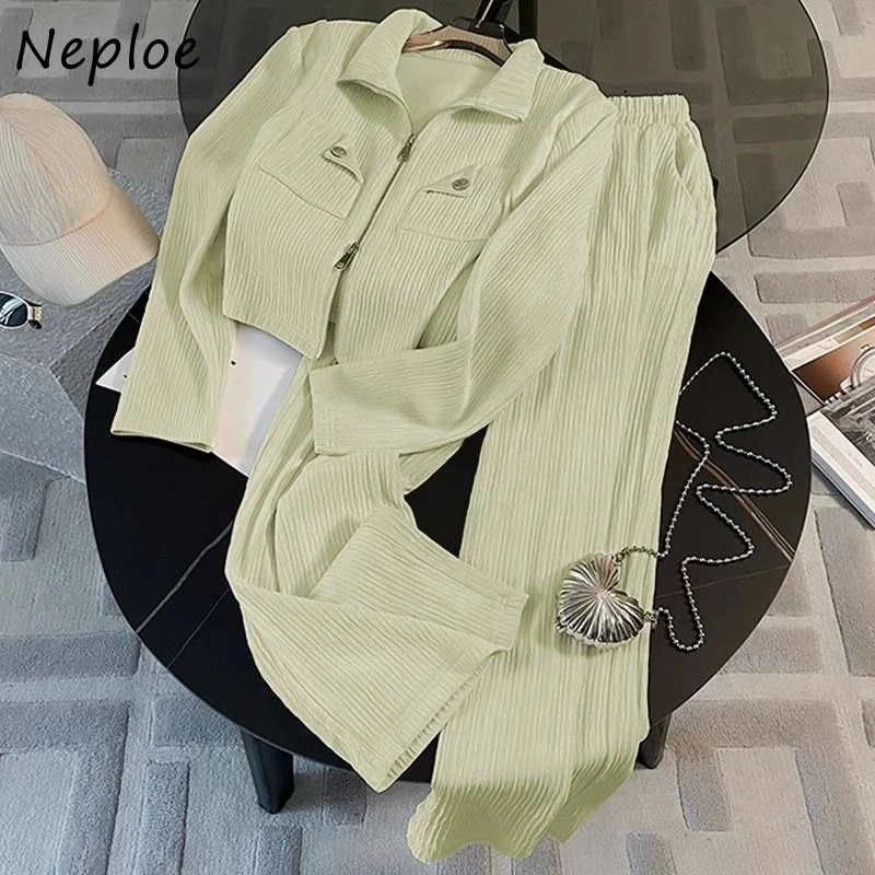 Neploe Sweet Fresh Lapel Neck Zipper Long Sleeve Tops Women+ High Waist Loose Wide Leg Pants 2025 Summer New Two Piece Sets