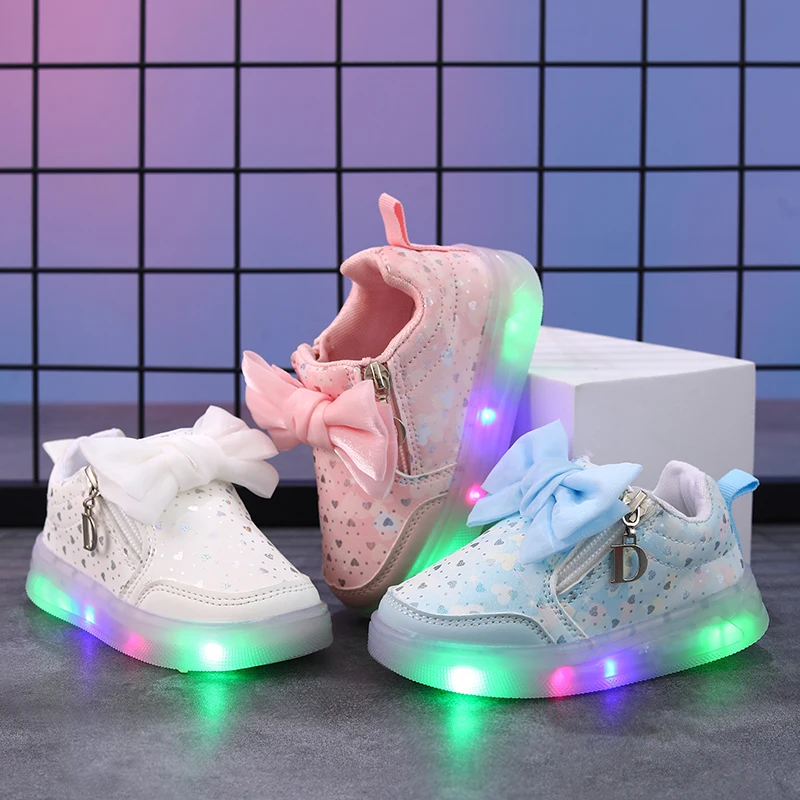 Mgo Kidss New Spring and Autumn Models Children's Girls' Bowknot Shoes, Light-Up Shoes, Princess Shoes, Casual Sports Comfortable Toddler Korean-Style Shoes, Light-Up Shoes for Students, Flashing White Shoes Suitable for Girls, Pink/White/Blue/Available in Other Colors