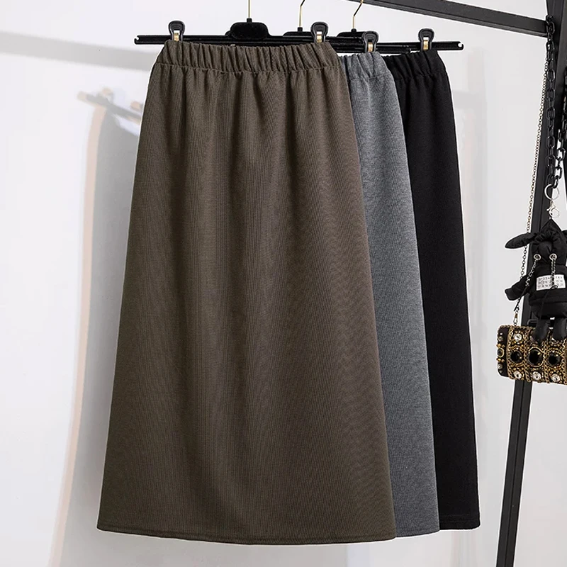 

Autumn Winter Knitted Long Skirt 2023 Women High Waist Large Size Black Curry Gray Vintage Korean A Line Loose Split Streetwear