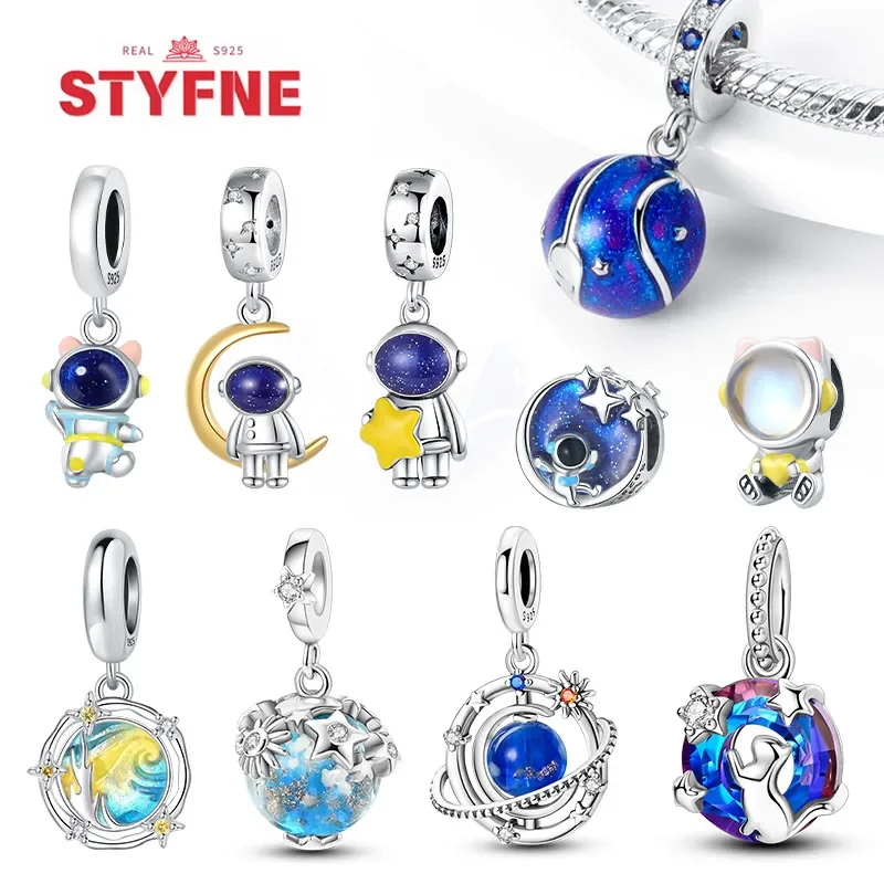 

925 Silver Astronaut Spaceship Space Series Charms Beads 925 Original Bracelets DIY Anniversary fine Jewelry for Women Gifts