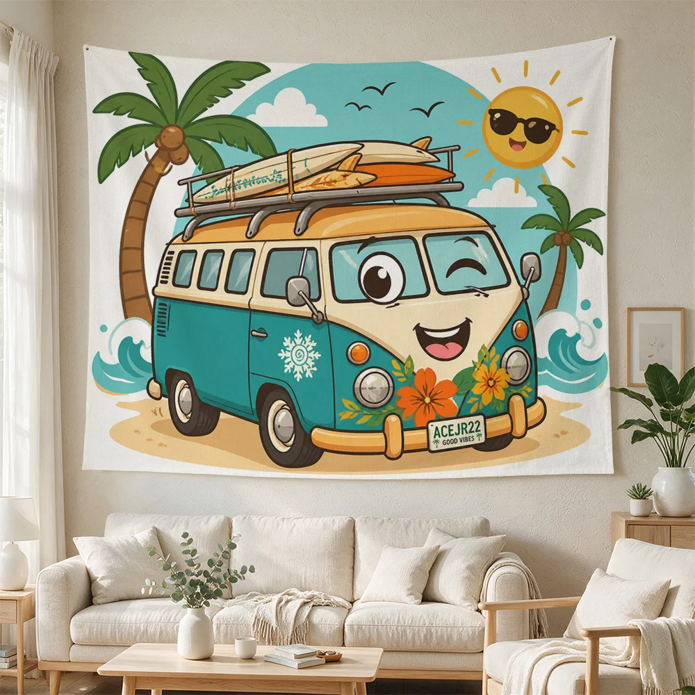 Boho Travel Van Wall Hanging Tropical Palm Tree Sunshine Camper Van Decor for Nursery Living Room