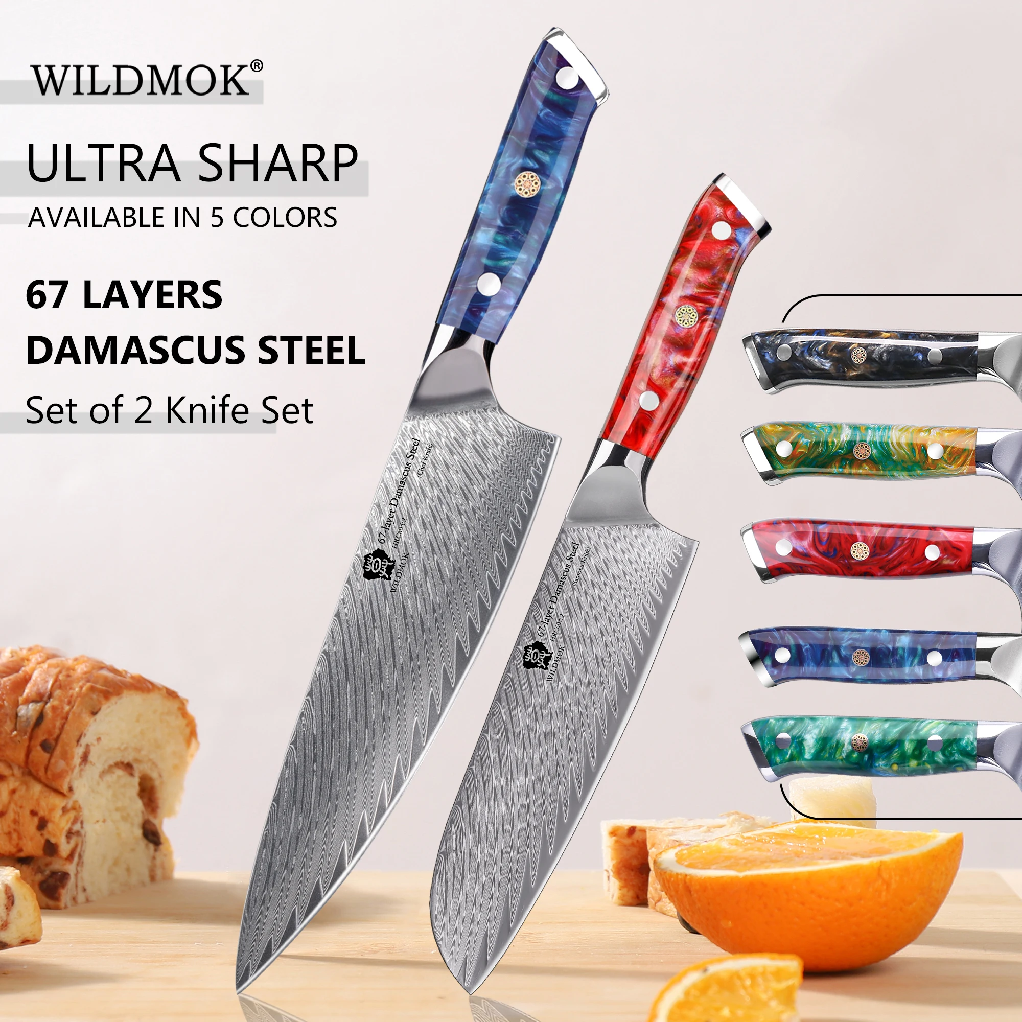 WILDMOK 2 Pcs Damascus Chef Knife Set, Japanese 67 Layers Damascus VG10 Steel Kitchen Knives Cooking Tool with Resin Handle