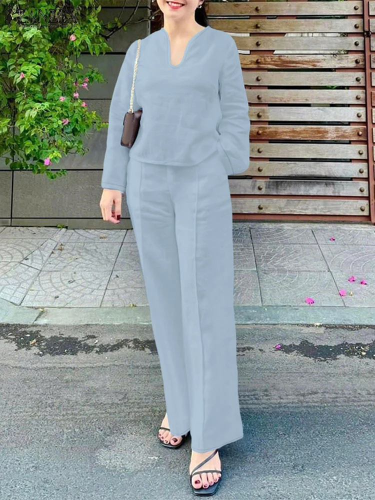 

2025 ZANZEA Summer Outfits Women Two Pieces Sets Casual Long Sleeve Thin Tops Trousers Suit Fashion Work OL Tracksuits Oversize