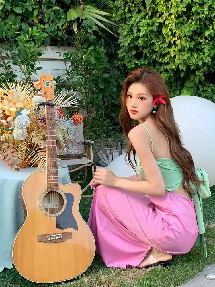 Vintage Sweet Pink Green Patchwork Holiday Party Pleated Dress Woman Elegancka sukienka bez rękawów z wysokim stanem Boho Dress