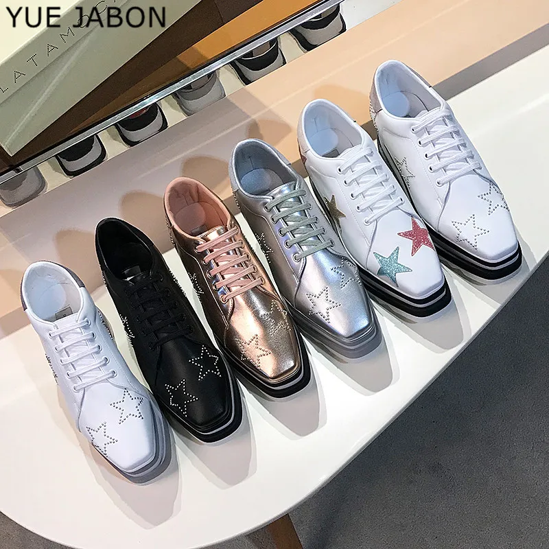 Mix Color Sole Height Increasing Star Rivet Casual Shoes Classic Platform Rose Gold Shoes Square Toe Wedge Women Shoes Lace Up