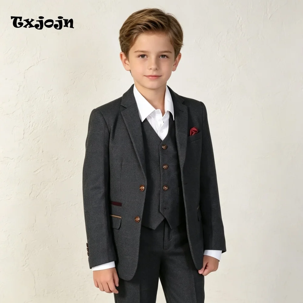 Casual Dark Grey Boys Suit Jacket Pants Vest 3 Piece Set Formal Blazer for Kids Wedding Tuxedo Suits 2-16 Years Custom Clothes