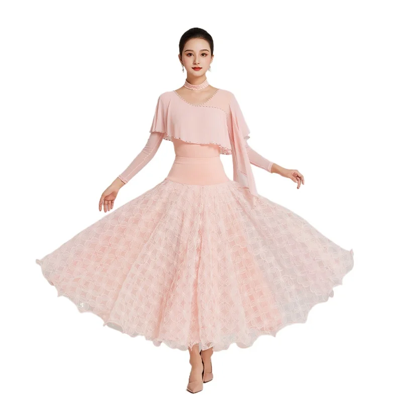 2025 Woman Modern Dance Costumes New Ice Silk Elastic Large Swing Dress Waltz Tango Dance Skirt Set L202403