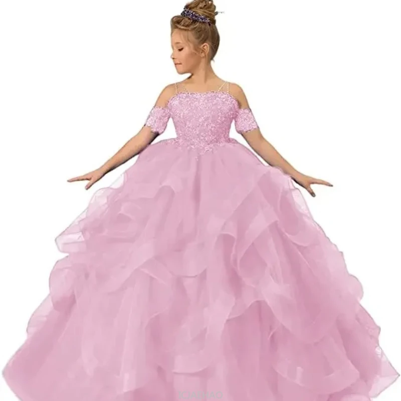 Party Dress Appliques Flower Birthday Wedding Dresses First Communion Gown Girl Dress Kids Ball Gown Tulle Off Shoulder Children