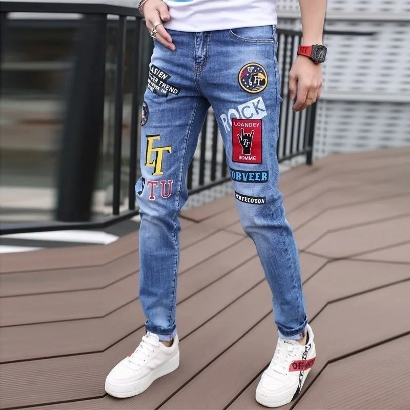 2024 New Luxury Designer Men\'s Jeans Casual Denim Slim Fit Pencil Pants with Embroidered Prints for Spring Autumn Hip-hop Pants