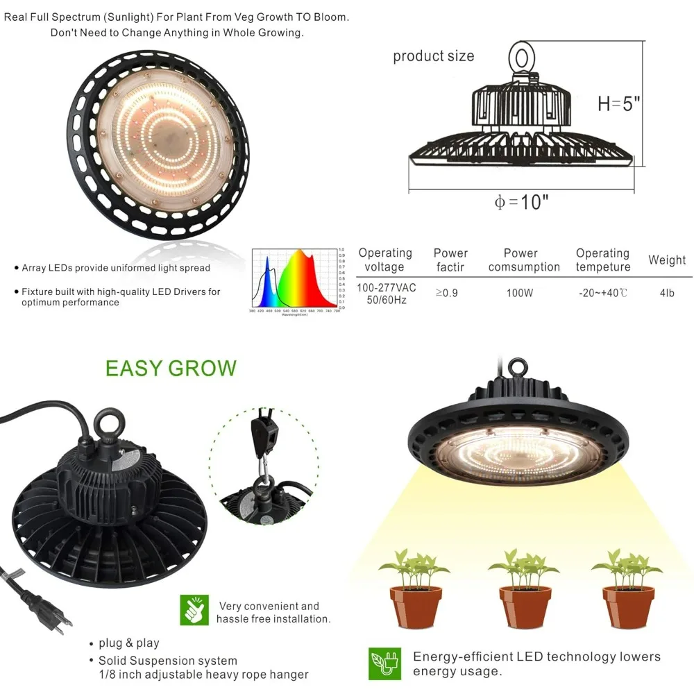 New Tech LED 300W UFOGrow Light Full-Spectrum +4