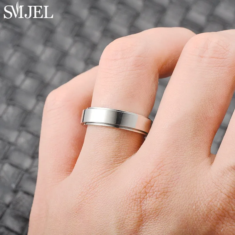 Punk Anti Stress Fidget Spinner Ring Black for Men Women Stainless Steel Anxiety Knuckle Rings 6/8mm Relaxing Finger Jewelry