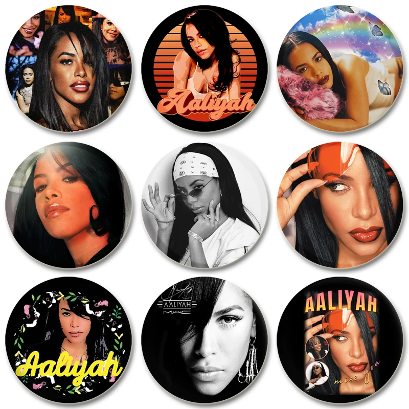 32/44/58mm Hot Singer Aaliyah Brooch Lapel Bag Backpacks Pin Metal Brooches Fans Gift for Firends