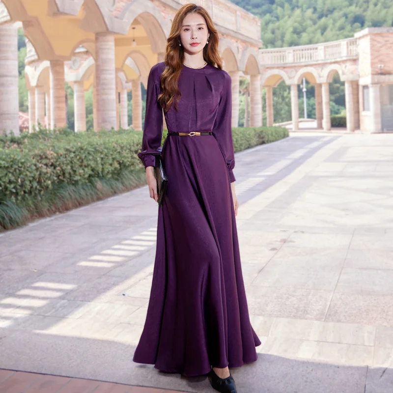 

New Women Autumn Purple Long Dress Fashion Elegant O-Neck Long Sleeve Slim Waist Overlength Dress Simplicity Exquisite Dress