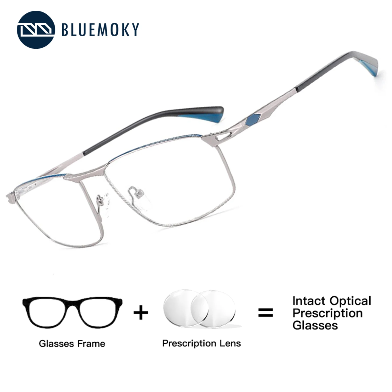 BLUEMOKY Man Classic Square Prescription Glasses Men Metal Frame Multifocal Photochromic Blue Light Blocking