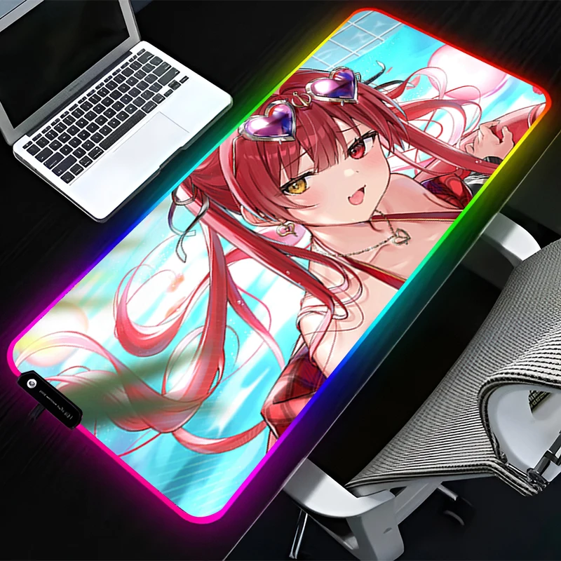 RGB LED Mouse Pad Computer Desk Accessories Mouse Mat Rubber Keyboard Pad H-hololive Houshou Marine Non Slip Mousepad Desk Mat
