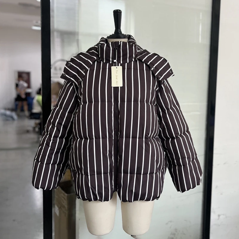 Damska kurtka z kapturem Tornova, ocieplana bawełną, w paski, jesień-zima 2025, do pracy, stójka, zapinana na zamek, ciepły płaszcz, moda damska.