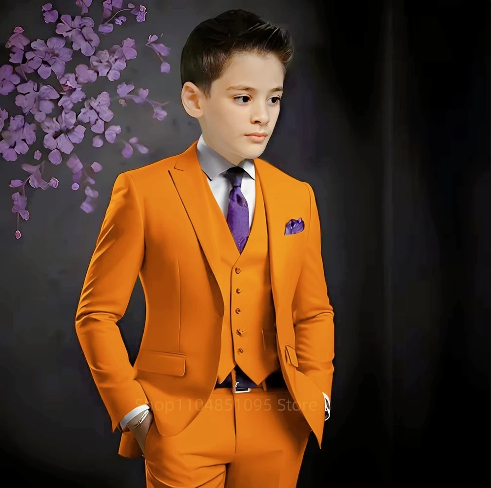 Hot Sale Solid Boy's Suit Set 3 Pieces Jacket Pants Formal Peak Lapel Kids Tuxedo For Birthday Party School Performance Wear