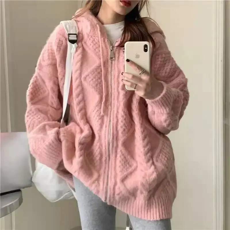 Korean Fashion Knit Cardigan Women 2023 Autumn Winter Casual Loose Zipper Hooded Thick Sweater Coat Long Sleeve Pink Top Y2k Ins