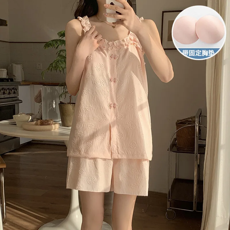 

2XL Large Size Women's Pajama with Chest Pad Summer Sweet Tank Vest Shorts Korean Ins Cloud Cotton Home Clothes Outside Wear