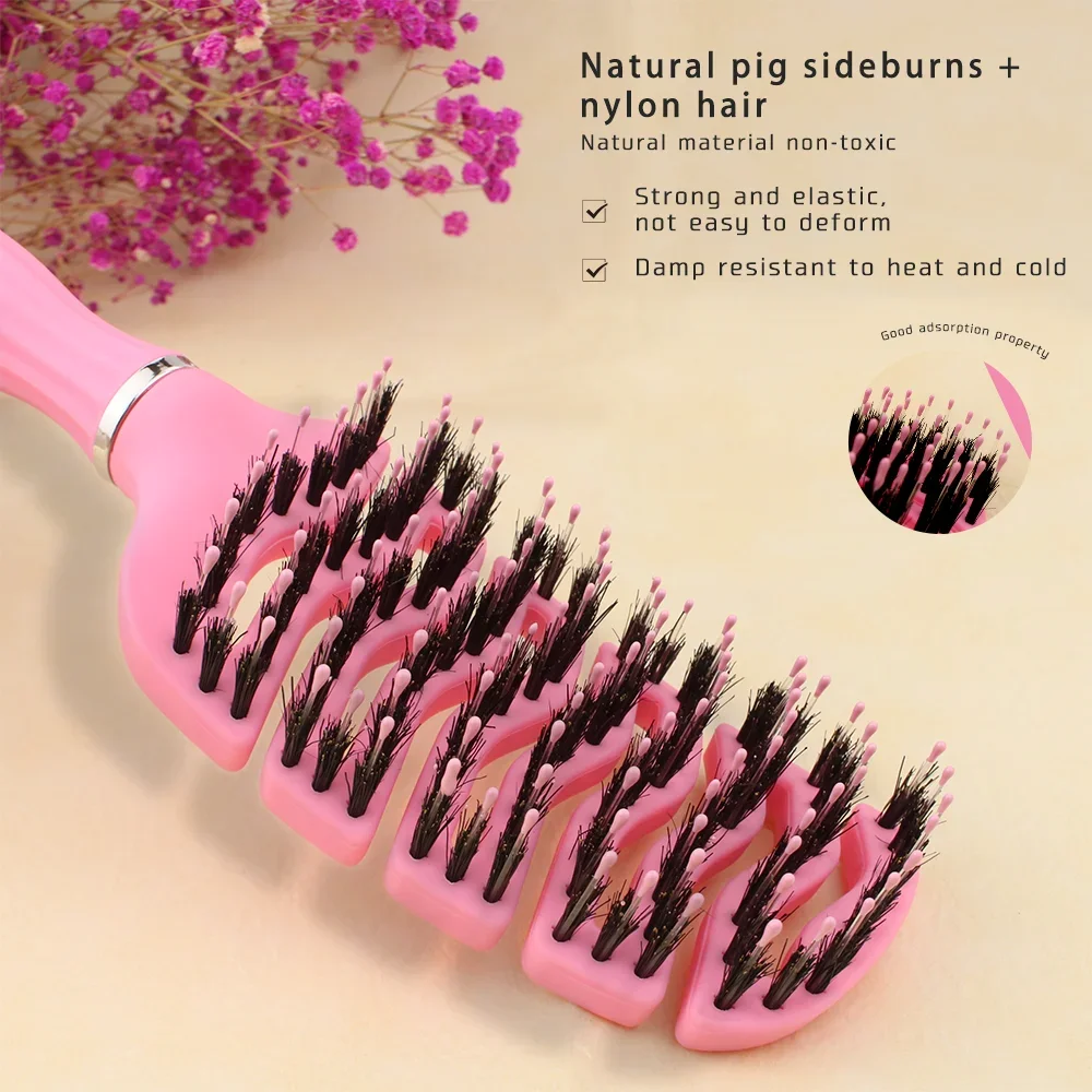 1pcs Curved Vented Boar Bristle Comb Professional Scalp Massage Comb Detangling Curl Anti-static Hairbrush Salon Styling Tool