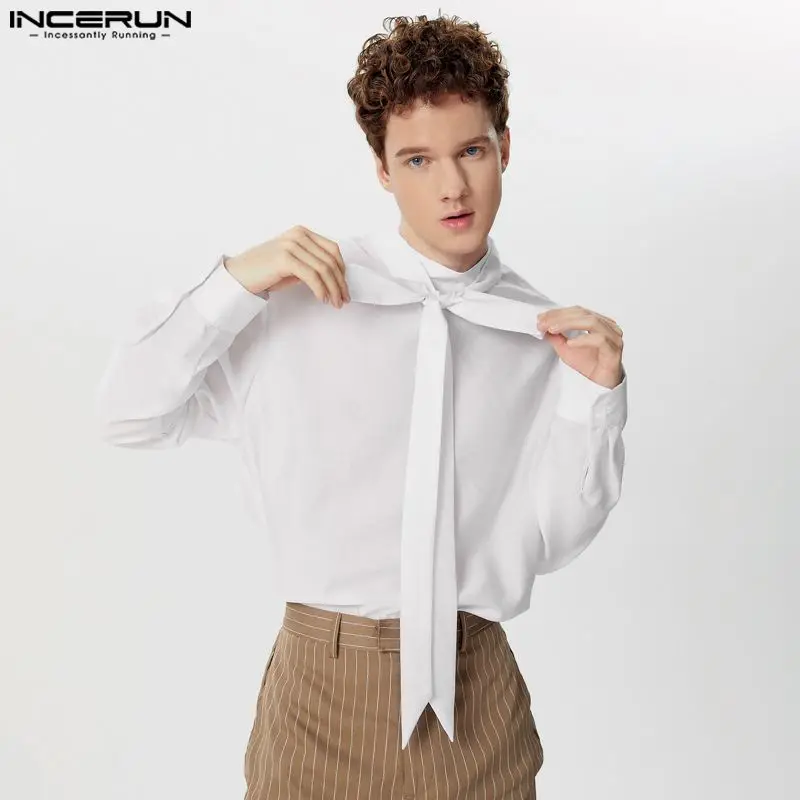 INCERUN Men Shirt Solid Color Stand Collar Long Sleeve Transparent Casual Men Clothing Streetwear 2024 Loose Fashion Camisas