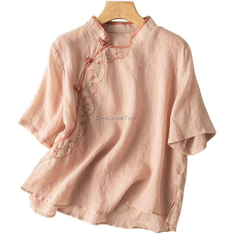 2026 chinese ethnic style women tea clothing vintage literature art temperament blouse new exquisite embroidery cotton linen top